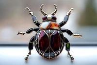 Decorative metallic beetle brooch with red and black enamel details, featuring intricate geometric patterns and antique brass finish. Elegant jewelry piece on neutral background.