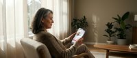Mature Caucasian woman sitting in cozy armchair by window, using tablet at home. Natural light, modern living room interior.