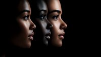 Side profile portraits of three women with different skin tones against dark background showcasing natural beauty, diversity and feminine strength in dramatic lighting.