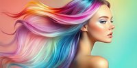 Young woman with flowing multicolored rainbow hair against pastel background, profile view showing artistic beauty makeup and vibrant hair coloring technique.