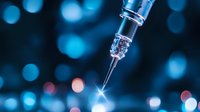 Medical syringe with needle close-up against blue bokeh background for healthcare and vaccination concepts.