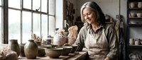 Smiling senior Caucasian woman potter in apron working with clay pottery in rustic workshop studio near window, surrounded by handmade ceramic bowls and vases.