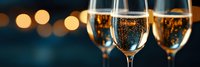 Elegant champagne flutes filled with sparkling wine against warm bokeh lights background for celebration, party, wedding, anniversary, New Year festivities.