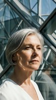 Mature woman with gray hair wearing white shirt against modern glass building with geometric patterns, portrait photography for business and lifestyle use.
