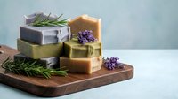 Handmade natural soap bars with lavender and rosemary herbs on wooden cutting board for spa skincare and aromatherapy wellness routine.