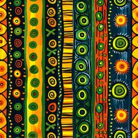 Vibrant ethnic striped pattern with green, orange and yellow abstract shapes, circles, suns and tribal elements on dark background. Seamless repeat design.