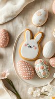 Decorated Easter eggs and cute bunny cookie on ceramic plate with floral pattern. Pastel pink and white color scheme with delicate spring flowers on linen background.