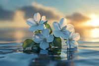 Delicate white spring flowers floating on calm water surface at sunset, with soft golden light and reflections creating serene natural atmosphere.