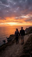 Couple jogging along rocky coastal path during golden sunset with dramatic orange and purple sky, ocean backdrop, active lifestyle and outdoor exercise concept.