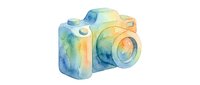 Watercolor digital camera in soft blue and yellow tones, isolated on white background, suitable for photography, design, and creative projects.
