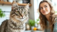 Maine Coon cat with striking yellow eyes and fluffy fur looking at camera while young Caucasian woman with long wavy brown hair smiles in background at home.