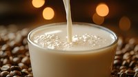 Fresh milk pouring into glass surrounded by roasted coffee beans with warm bokeh lights in background, creating cozy morning atmosphere.