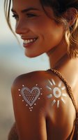 Profile of smiling woman with sun-kissed skin at beach, white heart and sun temporary tattoos on shoulder, golden hour lighting creates warm glow.