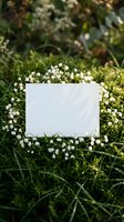 Blank white card surrounded by delicate white flowers on green grass in natural outdoor setting for wedding invitations and spring greeting cards.