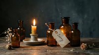 Vintage amber glass apothecary bottles with a sorry tag, lit candle, and dried flowers on a rustic wooden table in moody light.