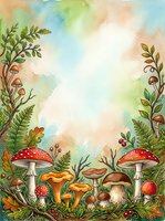 Watercolor forest floor scene with red toadstools, mushrooms, ferns, and botanical elements on soft pastel background. Suitable for children's book illustrations, greeting cards, and nature-themed designs.