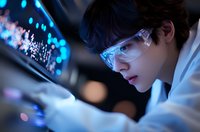 Young Asian male scientist in protective eyewear examining data on glowing digital display in dark laboratory environment with blue technological illumination.