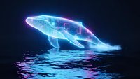 Glowing neon whale hologram emerging from dark ocean waters with electric blue and purple light effects creating futuristic marine wildlife concept.
