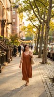 Young woman walking down tree-lined city street in autumn wearing rust colored dress carrying wicker bag during golden hour sunset light.