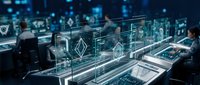 Cybersecurity professionals monitor holographic data displays and network infrastructure in a high-tech control room environment for digital protection and system management.