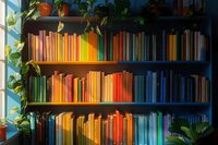 Colorful books arranged by spectrum colors on wooden shelves with natural sunlight streaming through window and green climbing plants creating cozy reading atmosphere.