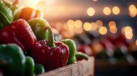 Fresh red cherries with water drops in wooden box against blurred warm bokeh lights background, creating romantic food photography atmosphere.