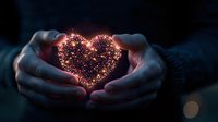 Glowing heart shape formed by magical sparkles held gently in cupped hands against dark background, creating romantic and mystical atmosphere.