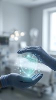 Hands in medical gloves protecting digital shield symbol with glowing particles in modern healthcare facility representing cybersecurity and data protection.