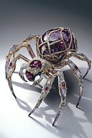 Luxurious spider brooch crafted with purple gemstones and precious metals featuring intricate metalwork details and crystal embellishments against neutral background.