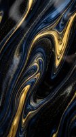 Fluid liquid marble swirls with gold and blue metallic streaks on black background with glitter sparkles, suitable for luxury backgrounds and modern design projects.
