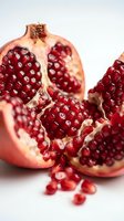 Fresh ripe pomegranate cut open revealing ruby red arils and seeds scattered on white background for healthy eating and nutrition concepts.