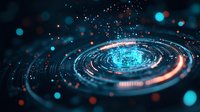 Futuristic digital vortex with glowing blue and orange particles swirling in circular motion against dark background, creating dynamic technological pattern.
