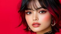 Young Asian woman with dramatic makeup and black hair against vibrant red background. Professional beauty portrait showcasing coral lipstick and rosy blush makeup trends.