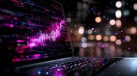 Futuristic laptop keyboard with glowing pink and purple digital particles, dynamic light effects and bokeh creating cyberpunk atmosphere for technology concept.