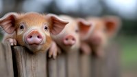 Curious piglets peeking over wooden fence, focus on front pig with pink snout and ears. Adorable farm animals showing playful behavior in natural rural setting.