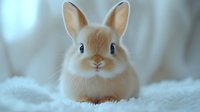 Adorable light brown bunny with big ears sitting on soft white fluffy blanket. Close up portrait of young domestic rabbit with gentle expression and pink nose.