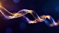 Glowing golden and purple particle wave flowing on dark background with bokeh effect, creating dynamic motion and energy visualization for technology concept.
