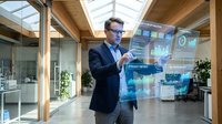 Professional businessman in glasses interacting with holographic data interface displaying charts and analytics in modern office environment.