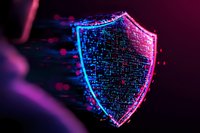 Glowing digital shield with binary code particles dispersing in neon blue and pink colors against dark background, representing cybersecurity and data protection.