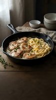 Pan-seared meatballs with creamy pasta in cast iron skillet on rustic wooden table with herbs and bowls for homestyle cooking and comfort food recipes.