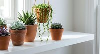 Collection of potted succulents and trailing plants arranged on white shelf near window for modern home decor and indoor gardening inspiration.