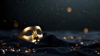 Golden theatrical mask on dark fabric with glowing bokeh lights creating mysterious atmosphere for performing arts events.