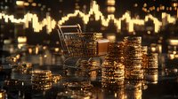 Shopping cart with stacks of golden coins against financial chart background, representing consumer spending, market trends and retail investment.