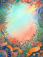 Colorful hand-drawn ornamental border frame with botanical leaves, stars, and decorative elements surrounding a gradient pastel center. Isolated design ready for posters, invitations, and creative projects.