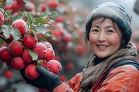 Young Asian woman in winter clothing smiling while holding fresh red apples during harvest season. Natural outdoor setting with apple trees in background shows agricultural lifestyle.