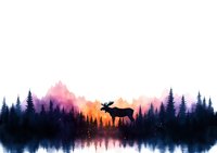 Silhouette of moose standing near lake with forest reflection against colorful sunset sky and mountain landscape, watercolor style artwork with purple and orange hues.