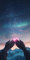 Silhouetted hands reaching towards starry night sky with magical sparkles and aurora lights creating ethereal atmosphere against mountain landscape at dusk.