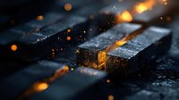 Dramatic macro shot of burning wood with glowing orange embers and sparks against dark background, creating moody atmosphere with bokeh light effects.