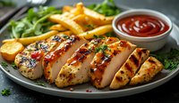 Sliced grilled chicken breast with honey glaze, served with golden french fries, fresh herbs and ketchup sauce on gray plate. Close up view of juicy meat.