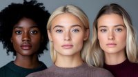Diverse group of young women with different skin tones and hair types wearing casual knitwear against gray background, natural makeup look and confident expressions.